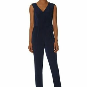 The Limited Solid Navy One Piece Sleeveless Double V-neck Strait Leg Jumpsuit